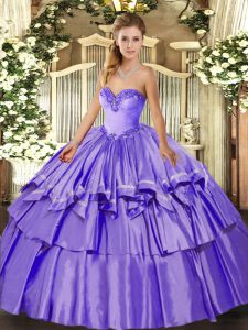 Organza and Taffeta Sweetheart Sleeveless Lace Up Beading and Ruffled Layers Quince Ball Gowns in Lavender
