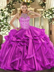 Fuchsia Lace Up Quinceanera Dresses Beading and Embroidery and Ruffles Sleeveless Floor Length