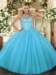 Aqua Blue Tulle Lace Up Halter Top Sleeveless Floor Length Sweet 16 Dresses Beading and Embroidery