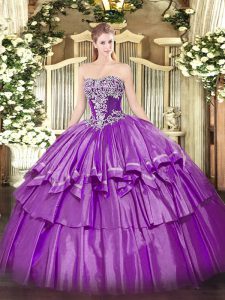 Organza and Taffeta Strapless Sleeveless Lace Up Beading and Ruffled Layers Quinceanera Dress in Purple