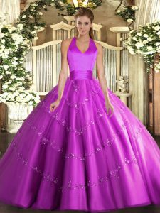 Tulle Halter Top Sleeveless Lace Up Appliques 15 Quinceanera Dress in Fuchsia