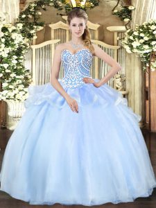 Pretty Sleeveless Organza Floor Length Lace Up Quince Ball Gowns in Light Blue with Beading