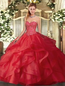 Sleeveless Tulle Floor Length Lace Up 15th Birthday Dress in Red with Beading and Ruffles