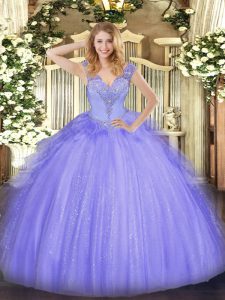 New Style Ball Gowns Quinceanera Dresses Lavender V-neck Tulle Sleeveless Floor Length Lace Up