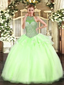 Yellow Green Ball Gowns Halter Top Sleeveless Tulle Floor Length Lace Up Beading Quinceanera Dresses