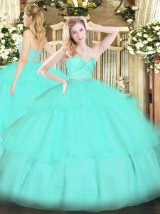 Tulle Sweetheart Sleeveless Zipper Beading and Lace and Ruffled Layers 15th Birthday Dress in Apple Green