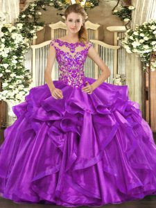 Deluxe Eggplant Purple Sweet 16 Quinceanera Dress Sweet 16 and Quinceanera with Appliques and Ruffles Scoop Cap Sleeves 