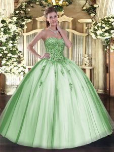 Latest Apple Green Lace Up Sweetheart Beading and Appliques Quinceanera Gowns Tulle Sleeveless