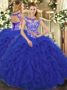 Floor Length Lace Up Sweet 16 Dresses Royal Blue for Sweet 16 and Quinceanera with Beading and Ruffles