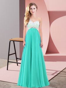 Traditional Beading Prom Gown Turquoise Criss Cross Sleeveless Floor Length