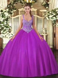Fitting V-neck Sleeveless Lace Up Quince Ball Gowns Fuchsia Tulle