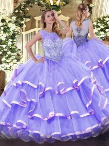Organza Scoop Sleeveless Zipper Beading and Ruffled Layers Quinceanera Gowns in Lavender
