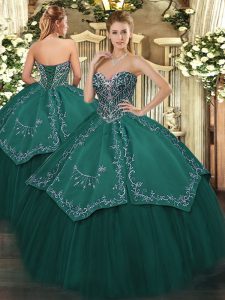 Sleeveless Taffeta and Tulle Floor Length Lace Up Quinceanera Dress in Dark Green with Beading and Embroidery