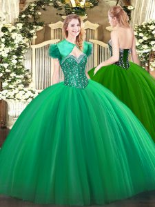 Stunning Turquoise Tulle Lace Up Sweetheart Sleeveless Floor Length Sweet 16 Quinceanera Dress Beading