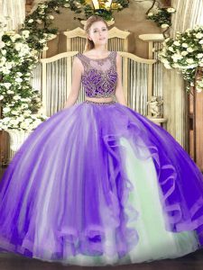 Spectacular Lavender Tulle Lace Up Quince Ball Gowns Sleeveless Floor Length Beading and Ruffles
