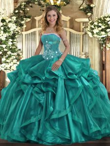 Turquoise Organza Lace Up Quinceanera Gowns Sleeveless Floor Length Beading and Ruffles