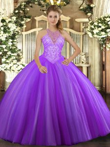 Lavender High-neck Lace Up Beading Sweet 16 Dress Sleeveless