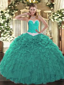 Turquoise Sleeveless Organza Lace Up Sweet 16 Quinceanera Dress for Military Ball and Sweet 16 and Quinceanera
