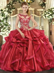 New Arrival Red Ball Gowns Scoop Cap Sleeves Organza Floor Length Lace Up Appliques and Ruffles Ball Gown Prom Dress