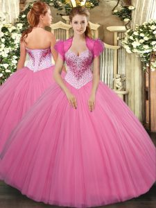Artistic Rose Pink Ball Gowns Tulle Sweetheart Sleeveless Beading Floor Length Lace Up Quinceanera Dress
