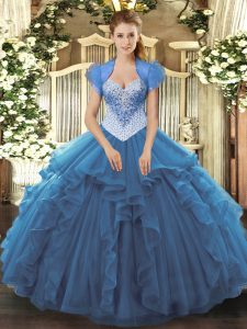 Low Price Blue Sleeveless Floor Length Beading Lace Up Quinceanera Dress