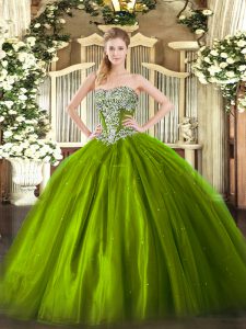 Ball Gowns Vestidos de Quinceanera Olive Green Strapless Tulle Sleeveless Floor Length Lace Up