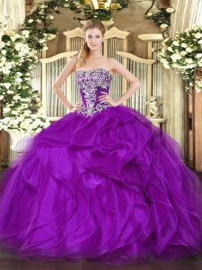 Floor Length Purple Ball Gown Prom Dress Strapless Sleeveless Lace Up