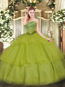 Olive Green Quinceanera Dress Military Ball and Sweet 16 and Quinceanera with Beading and Ruffled Layers Strapless Sleev