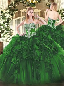 Custom Fit Strapless Sleeveless 15th Birthday Dress Floor Length Beading and Ruffles Dark Green Organza