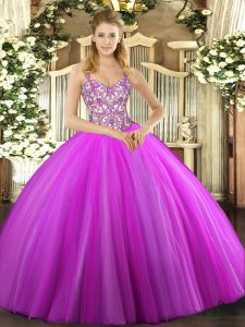 Glittering Straps Sleeveless Quinceanera Gowns Floor Length Beading and Appliques Lilac Tulle