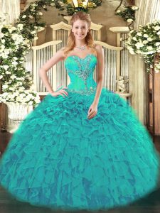 Eye-catching Sweetheart Sleeveless Lace Up Sweet 16 Dresses Teal Organza