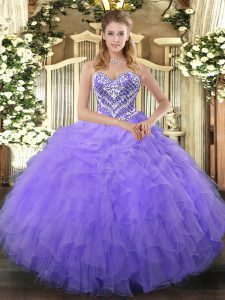 Lilac Ball Gowns Tulle Sweetheart Sleeveless Beading and Ruffles Floor Length Lace Up Ball Gown Prom Dress