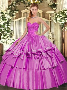 Lilac Organza and Taffeta Lace Up Sweetheart Sleeveless Floor Length 15th Birthday Dress Beading and Ruffled Layers