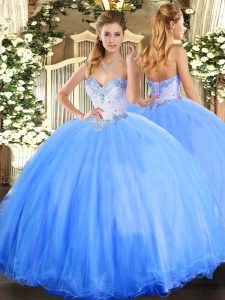Glittering Tulle Sweetheart Sleeveless Lace Up Beading 15th Birthday Dress in Baby Blue