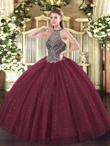 Burgundy Lace Up Sweetheart Beading Quinceanera Dress Tulle Sleeveless