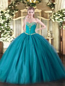Sleeveless Floor Length Beading Lace Up Quinceanera Dress with Teal