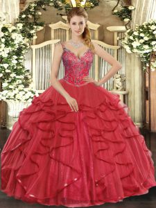 Nice Sleeveless Tulle Floor Length Lace Up Ball Gown Prom Dress in Wine Red with Beading and Ruffles