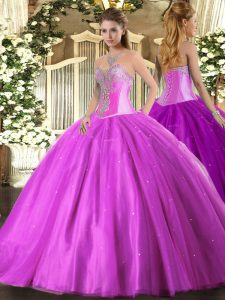Lilac Lace Up Sweetheart Beading Quince Ball Gowns Tulle Sleeveless