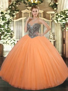 Orange Ball Gowns Tulle Sweetheart Sleeveless Beading Floor Length Lace Up Quince Ball Gowns