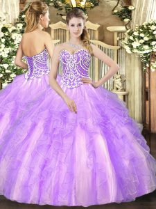 Lavender Tulle Lace Up Sweetheart Sleeveless Floor Length Sweet 16 Dress Beading and Ruffles