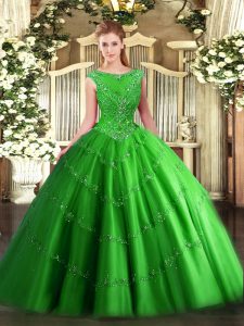 Green Tulle Zipper Scoop Sleeveless Floor Length Sweet 16 Quinceanera Dress Beading and Appliques