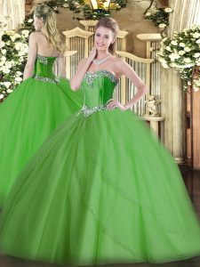 Discount Green Ball Gowns Beading 15th Birthday Dress Lace Up Tulle Sleeveless