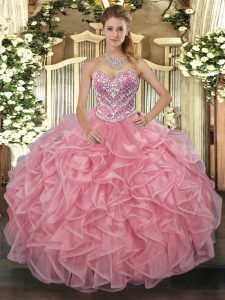 Flirting Pink Ball Gowns Tulle Sweetheart Sleeveless Beading Floor Length Lace Up Quinceanera Gown