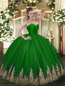 Sleeveless Floor Length Appliques Zipper 15th Birthday Dress with Green