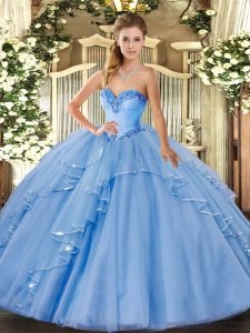 Beading and Ruffles Sweet 16 Quinceanera Dress Blue Lace Up Sleeveless Floor Length