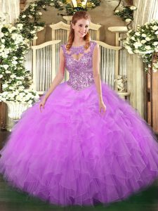 Lilac Scoop Lace Up Beading and Ruffles Sweet 16 Quinceanera Dress Sleeveless