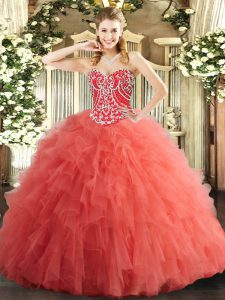Watermelon Red Lace Up Sweetheart Beading and Ruffles Quinceanera Gowns Tulle Sleeveless