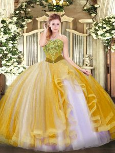Gold Ball Gowns Beading and Ruffles Sweet 16 Quinceanera Dress Lace Up Tulle Sleeveless Floor Length
