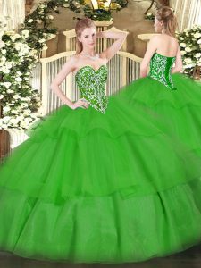 Flirting Floor Length Lace Up 15th Birthday Dress Green for Military Ball and Sweet 16 and Quinceanera with Beading and 