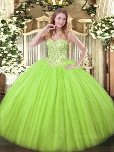 Yellow Green Ball Gowns Tulle and Sequined Sweetheart Sleeveless Appliques Floor Length Lace Up Quinceanera Dresses